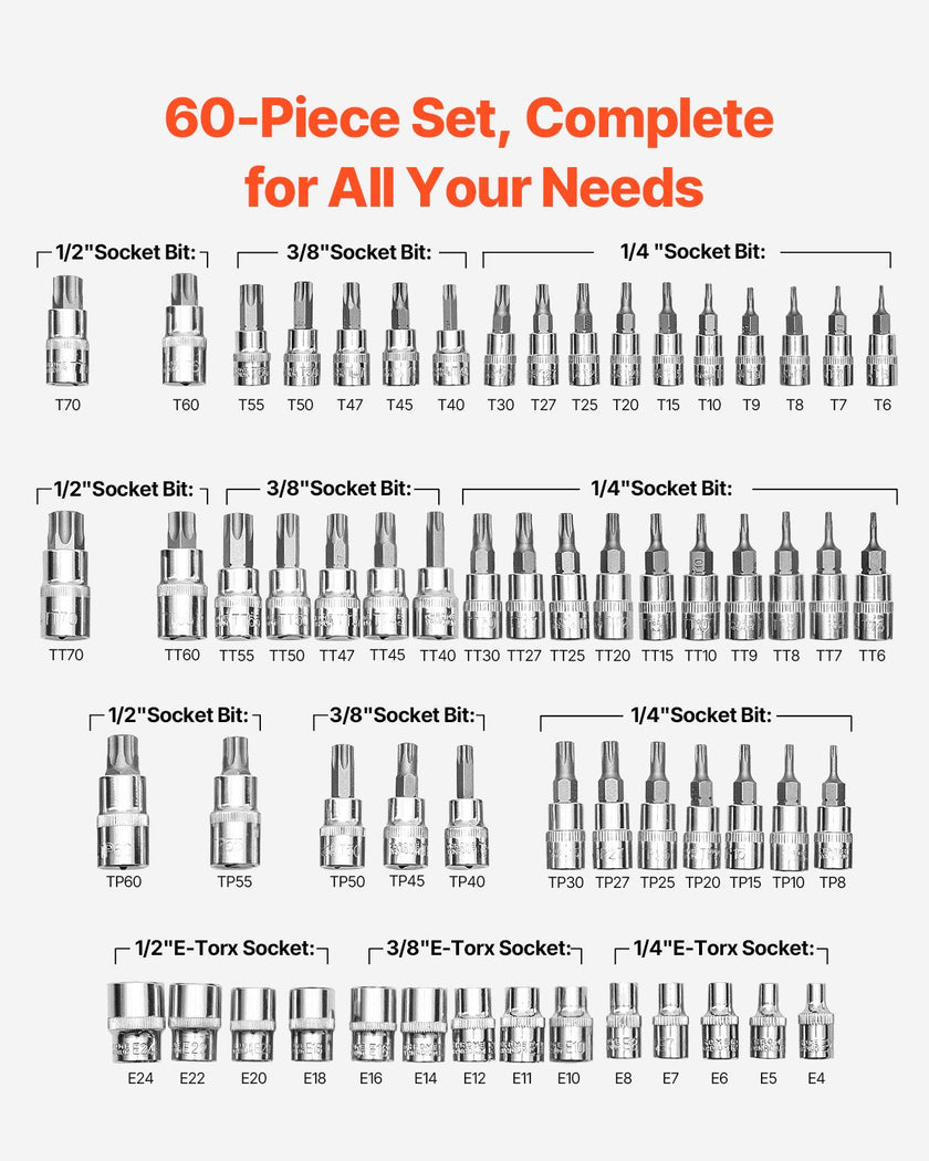 Torx Bit Socket and External Torx Socket Set 60-Piece S2 Alloy Steel Cr-V Steel