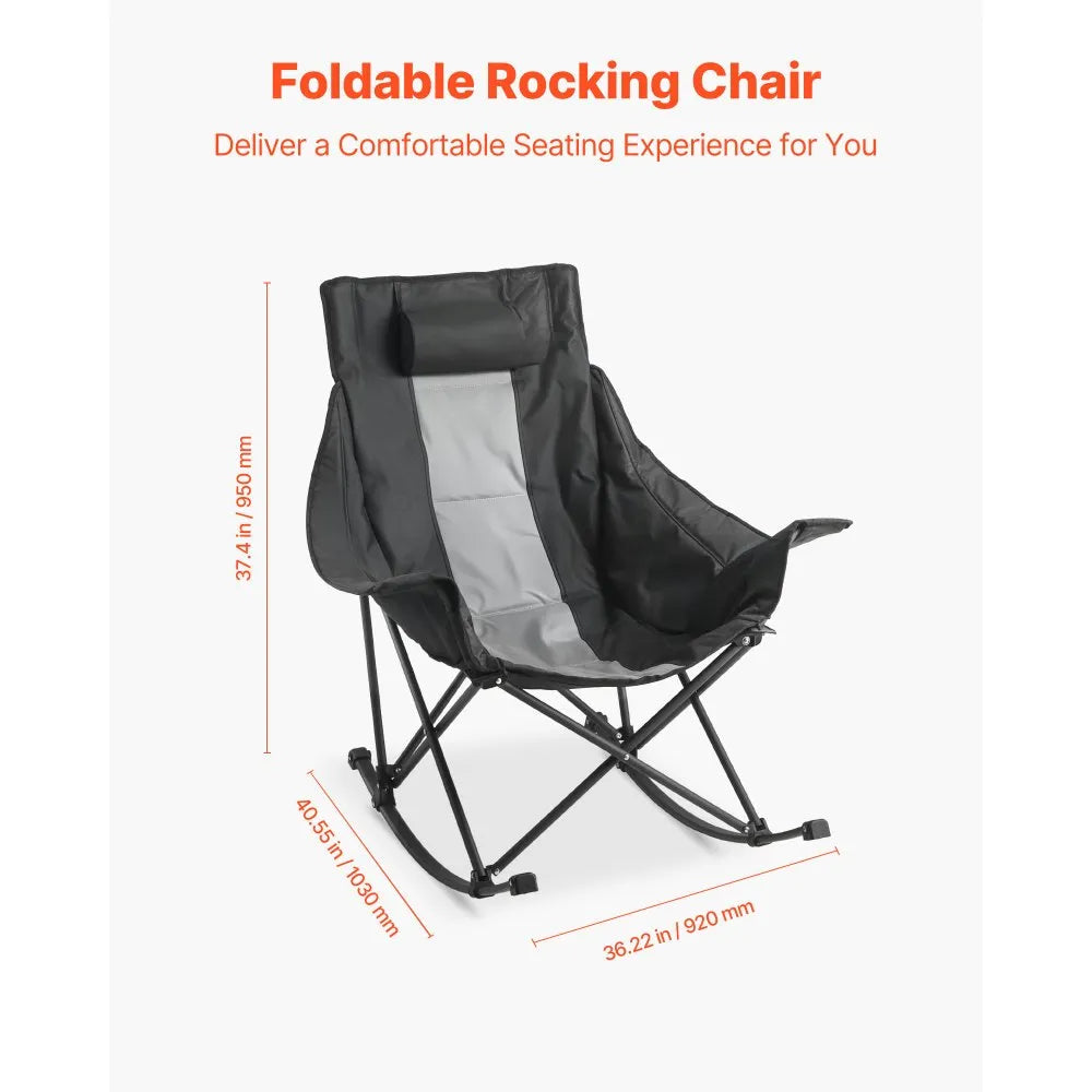 Rocking Camping Chair, Portable Folding Rocker Chair with Side Pocket, Heavy-Duty Outdoor Lawn Chair, Supports 225 lbs, Black & Gray