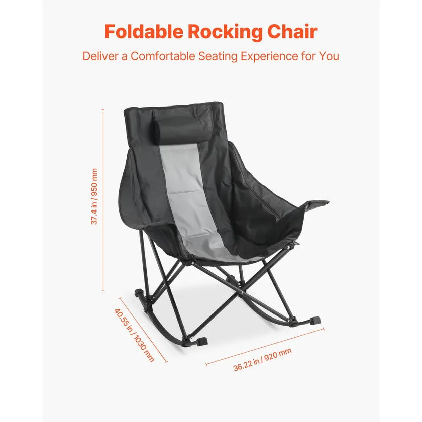 Rocking Camping Chair, Portable Folding Rocker Chair with Side Pocket, Heavy-Duty Outdoor Lawn Chair, Supports 225 lbs, Black & Gray