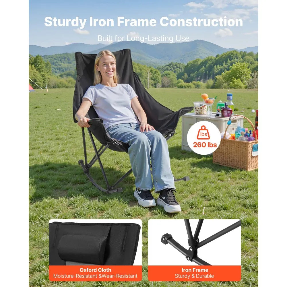Rocking Camping Chair, Portable Folding Rocker Chair with Side Pocket, Heavy-Duty Outdoor Lawn Chair, Supports 225 lbs, Black & Gray