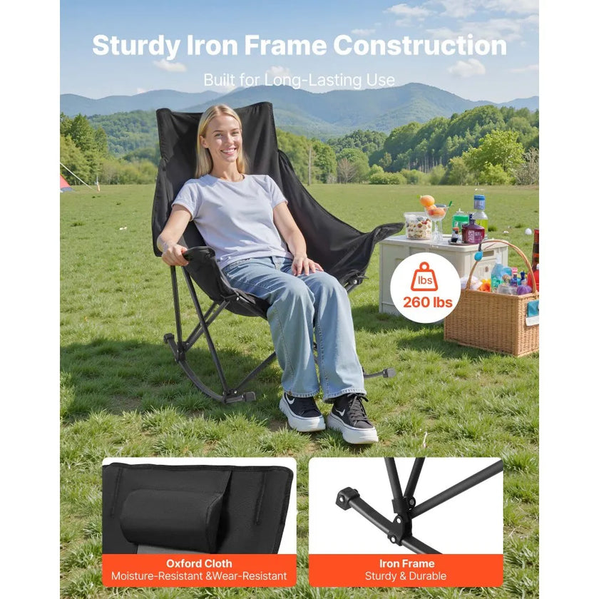 Rocking Camping Chair, Portable Folding Rocker Chair with Side Pocket, Heavy-Duty Outdoor Lawn Chair, Supports 225 lbs, Black & Gray