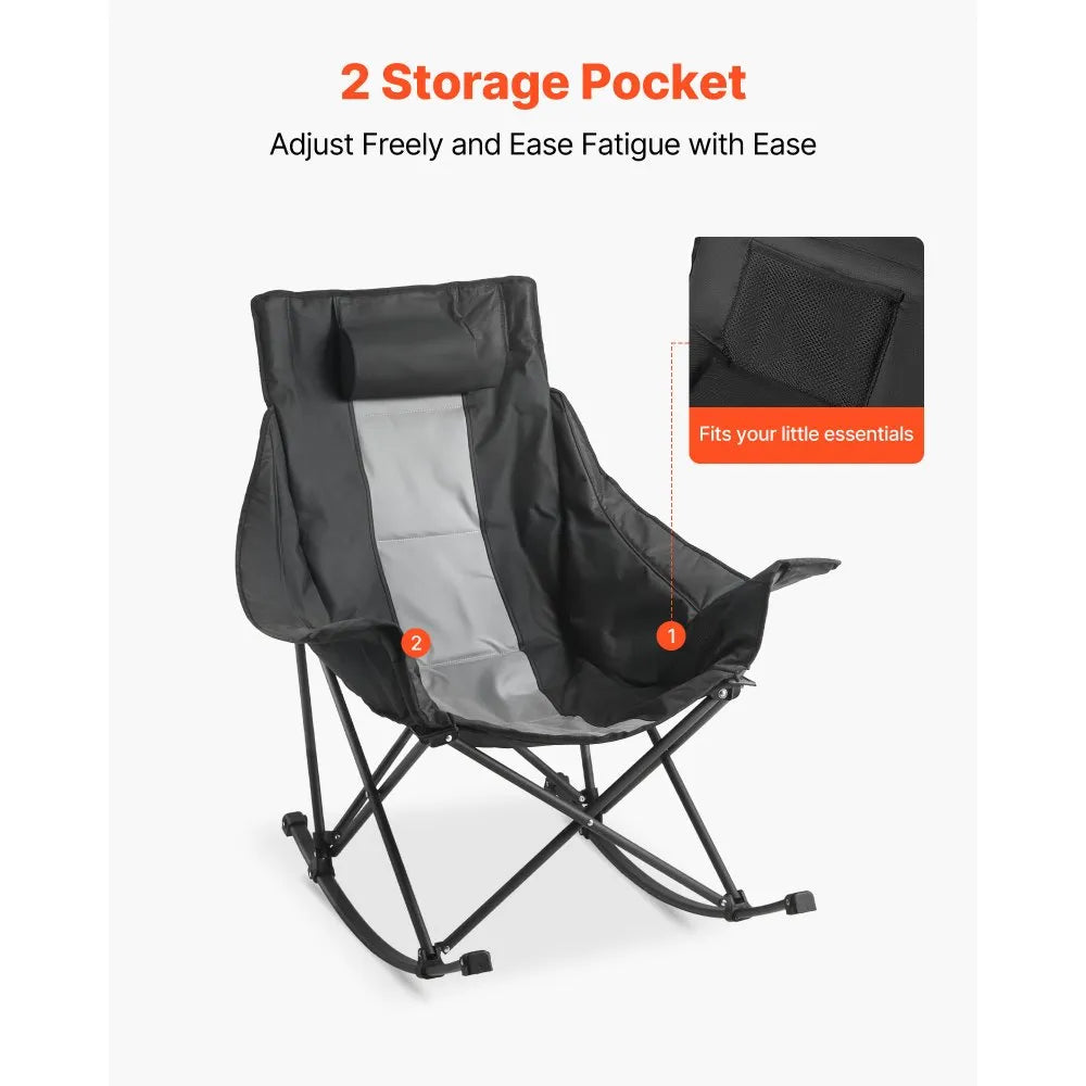 Rocking Camping Chair, Portable Folding Rocker Chair with Side Pocket, Heavy-Duty Outdoor Lawn Chair, Supports 225 lbs, Black & Gray