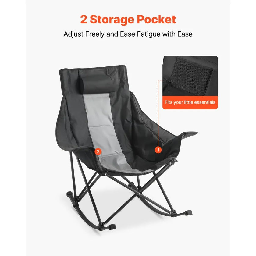 Rocking Camping Chair, Portable Folding Rocker Chair with Side Pocket, Heavy-Duty Outdoor Lawn Chair, Supports 225 lbs, Black & Gray