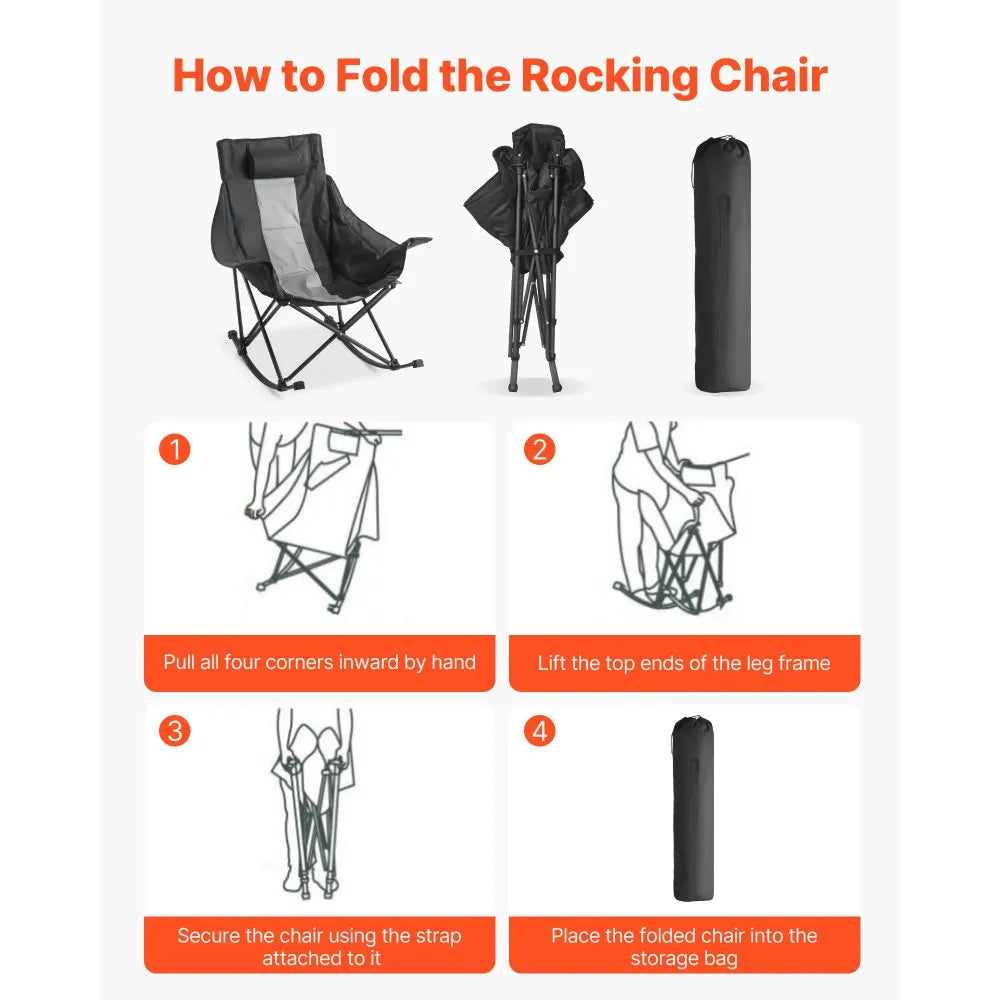 Rocking Camping Chair, Portable Folding Rocker Chair with Side Pocket, Heavy-Duty Outdoor Lawn Chair, Supports 225 lbs, Black & Gray