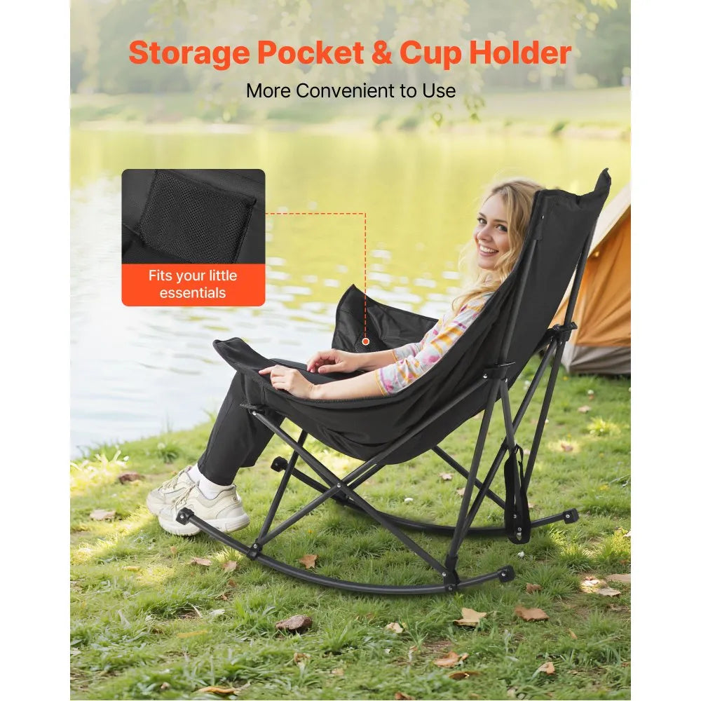 Rocking Camping Chair, Portable Folding Rocker Chair with Side Pocket, Heavy-Duty Outdoor Lawn Chair, Supports 225 lbs, Black & Gray