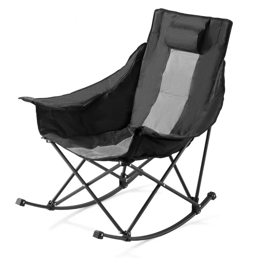 Rocking Camping Chair, Portable Folding Rocker Chair with Side Pocket, Heavy-Duty Outdoor Lawn Chair, Supports 225 lbs, Black & Gray