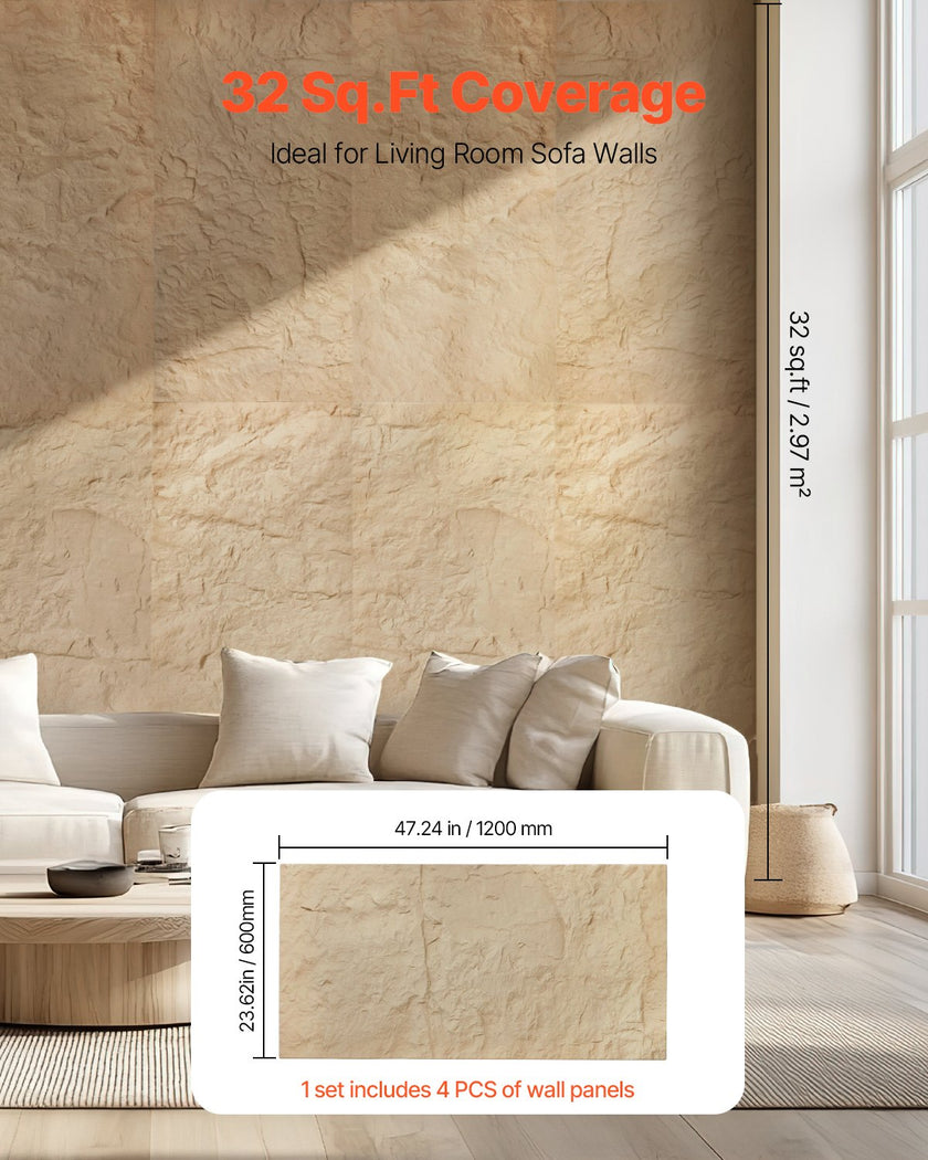 VEVOR 3D Wall Panels 4 Pack 48x24'' PU Stone-Look 32 Sq.Ft Coverage Stone Yellow