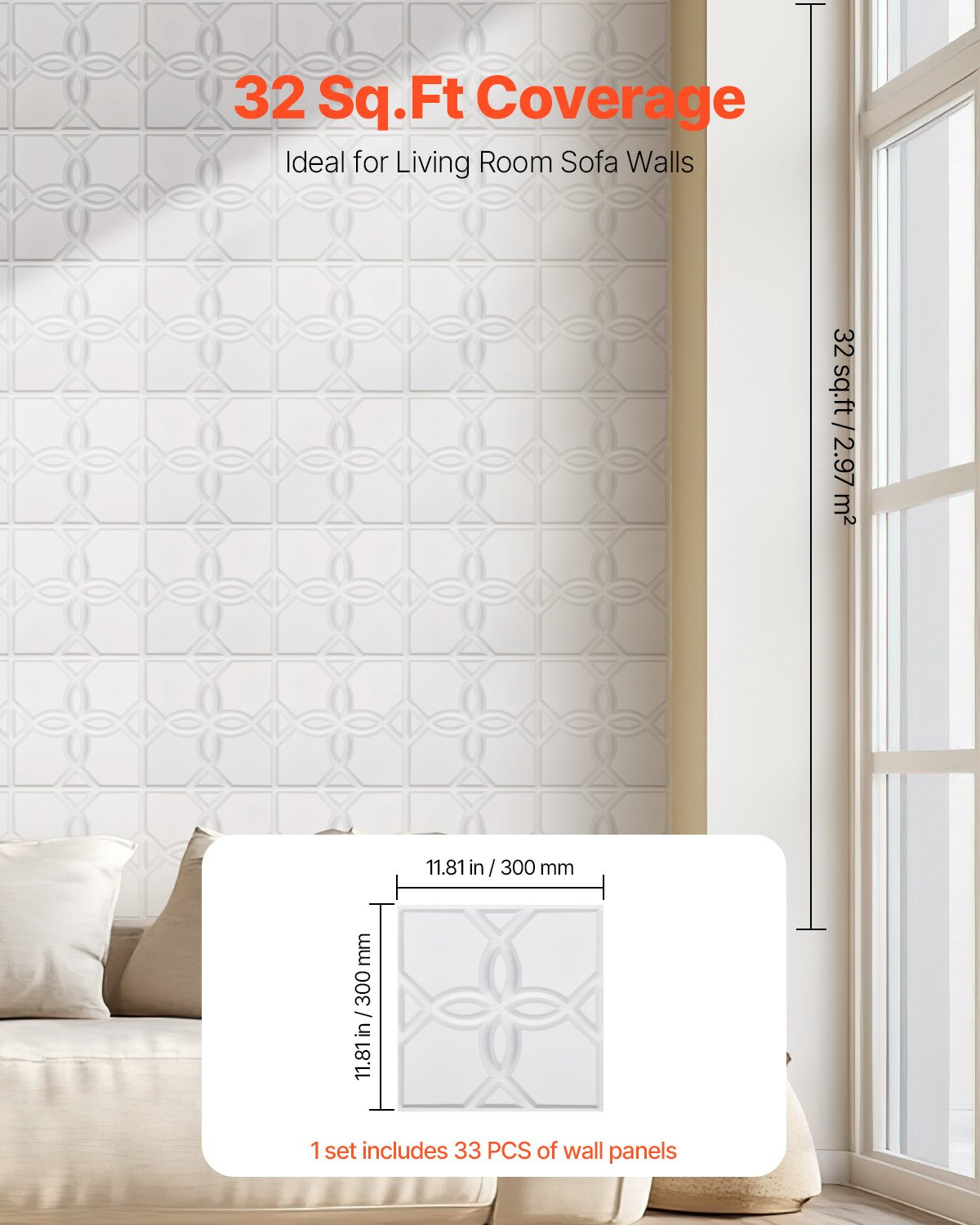 VEVOR 3D Wall Panels 33-Pack 11.81x11.81'' PVC 32 Sq.Ft Coverage Floral White