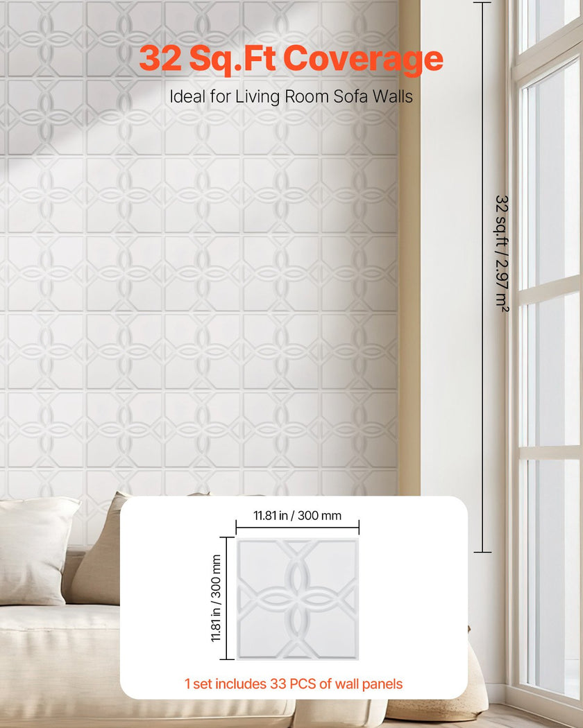 VEVOR 3D Wall Panels 33-Pack 11.81x11.81'' PVC 32 Sq.Ft Coverage Floral White