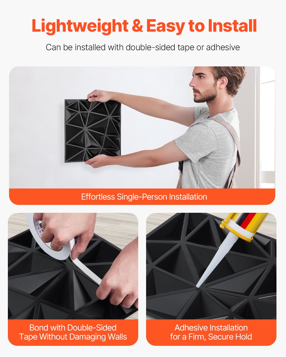VEVOR 3D Wall Panels 33-Pack 11.81x11.81'' PVC 32 Sq.Ft Coverage Diamond Black