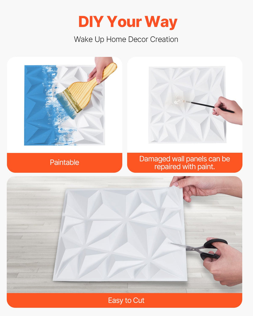 VEVOR 3D Wall Panels 33-Pack 11.81x11.81'' PVC 32 Sq.Ft Coverage Diamond White