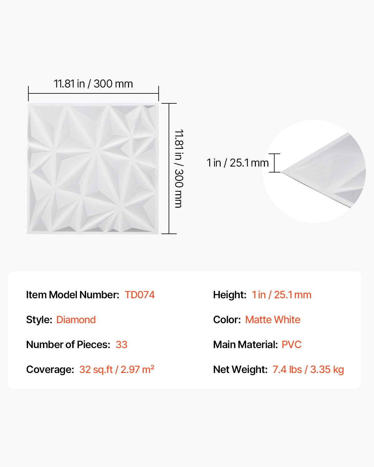 VEVOR 3D Wall Panels 33-Pack 11.81x11.81'' PVC 32 Sq.Ft Coverage Diamond White