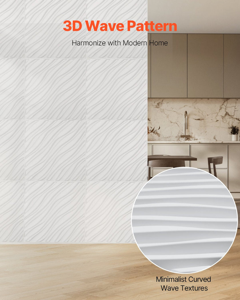 VEVOR 3D Wall Panels 12-Pack 19.7x19.7'' PVC 32 Sq.Ft Coverage Wave Matte White