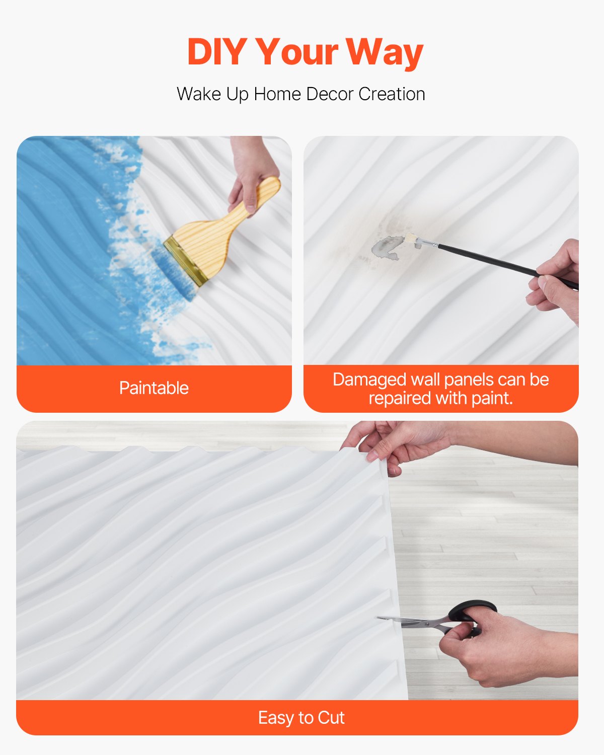 VEVOR 3D Wall Panels 12-Pack 19.7x19.7'' PVC 32 Sq.Ft Coverage Wave Matte White