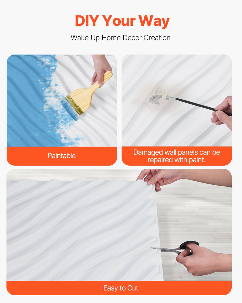 VEVOR 3D Wall Panels 12-Pack 19.7x19.7'' PVC 32 Sq.Ft Coverage Wave Matte White