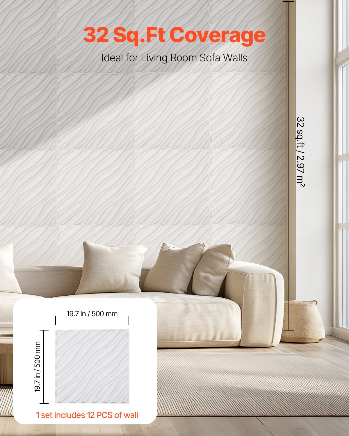 VEVOR 3D Wall Panels 12-Pack 19.7x19.7'' PVC 32 Sq.Ft Coverage Wave Matte White