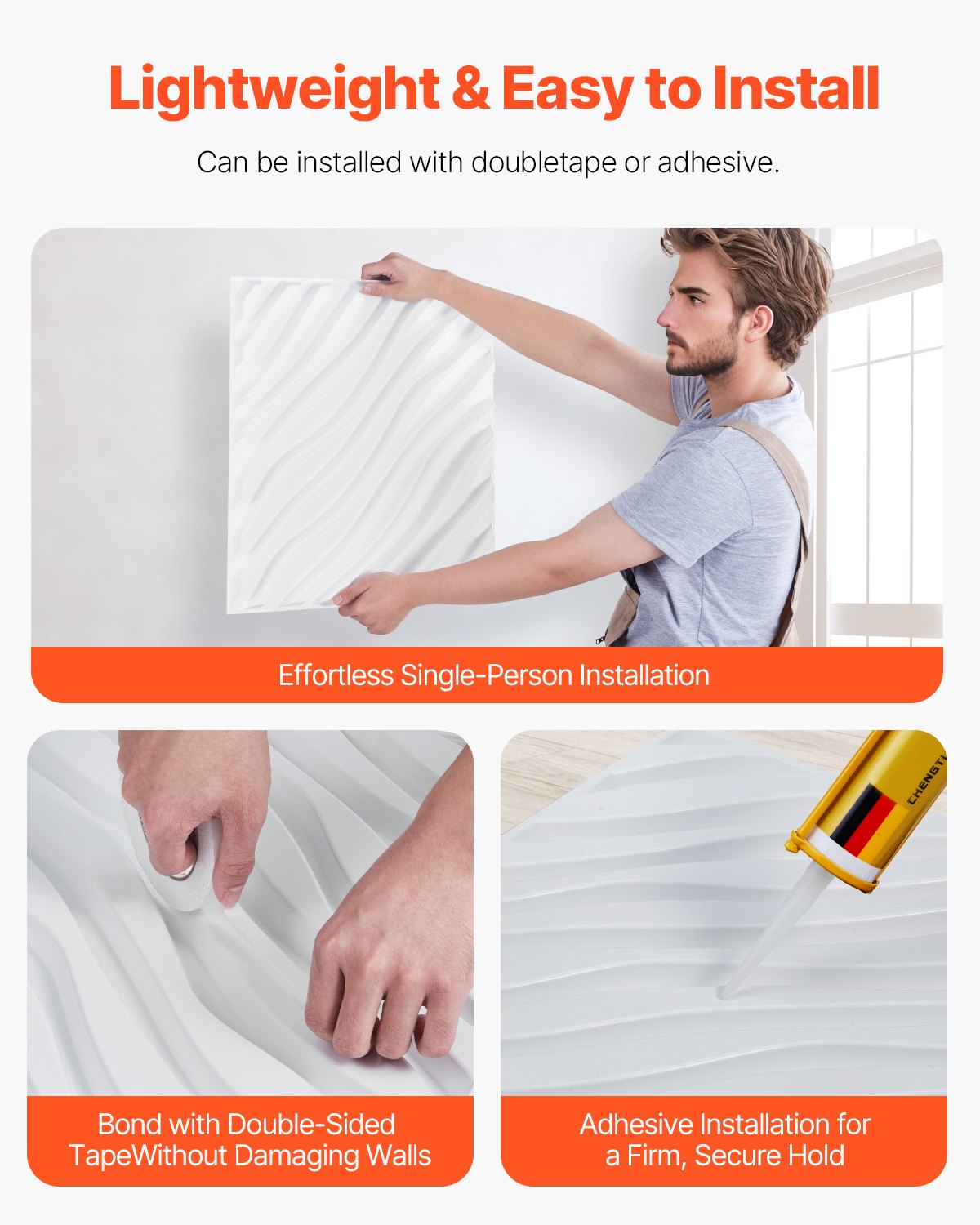VEVOR 3D Wall Panels 12-Pack 19.7x19.7'' PVC 32 Sq.Ft Coverage Wave Matte White