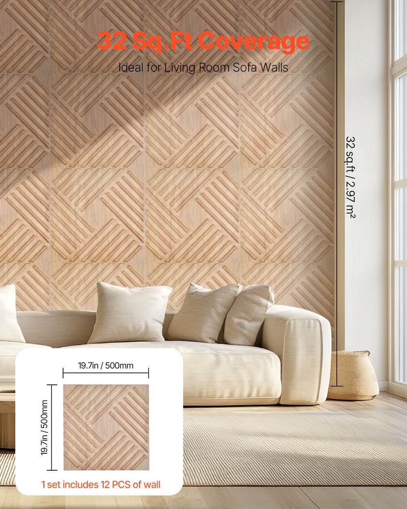 VEVOR 3D Slat Wall Panels 12-Pack 19.7x19.7'' PVC 32 Sq.Ft Coverage Light Wood