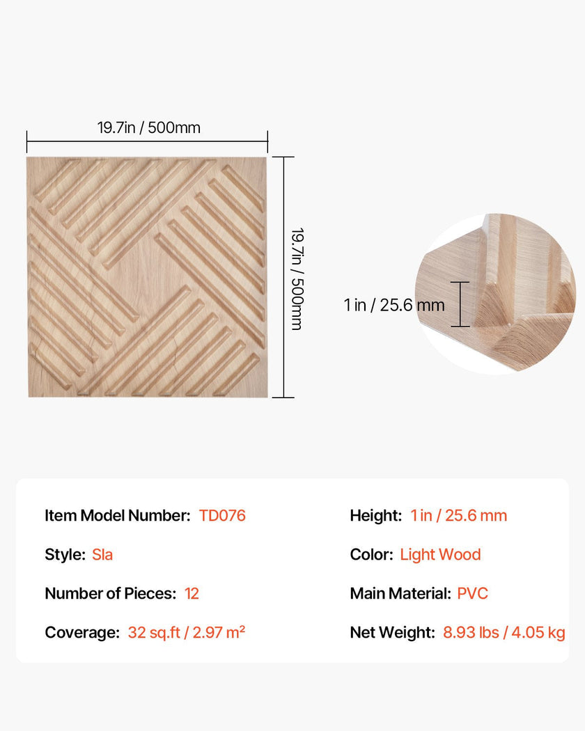 VEVOR 3D Slat Wall Panels 12-Pack 19.7x19.7'' PVC 32 Sq.Ft Coverage Light Wood