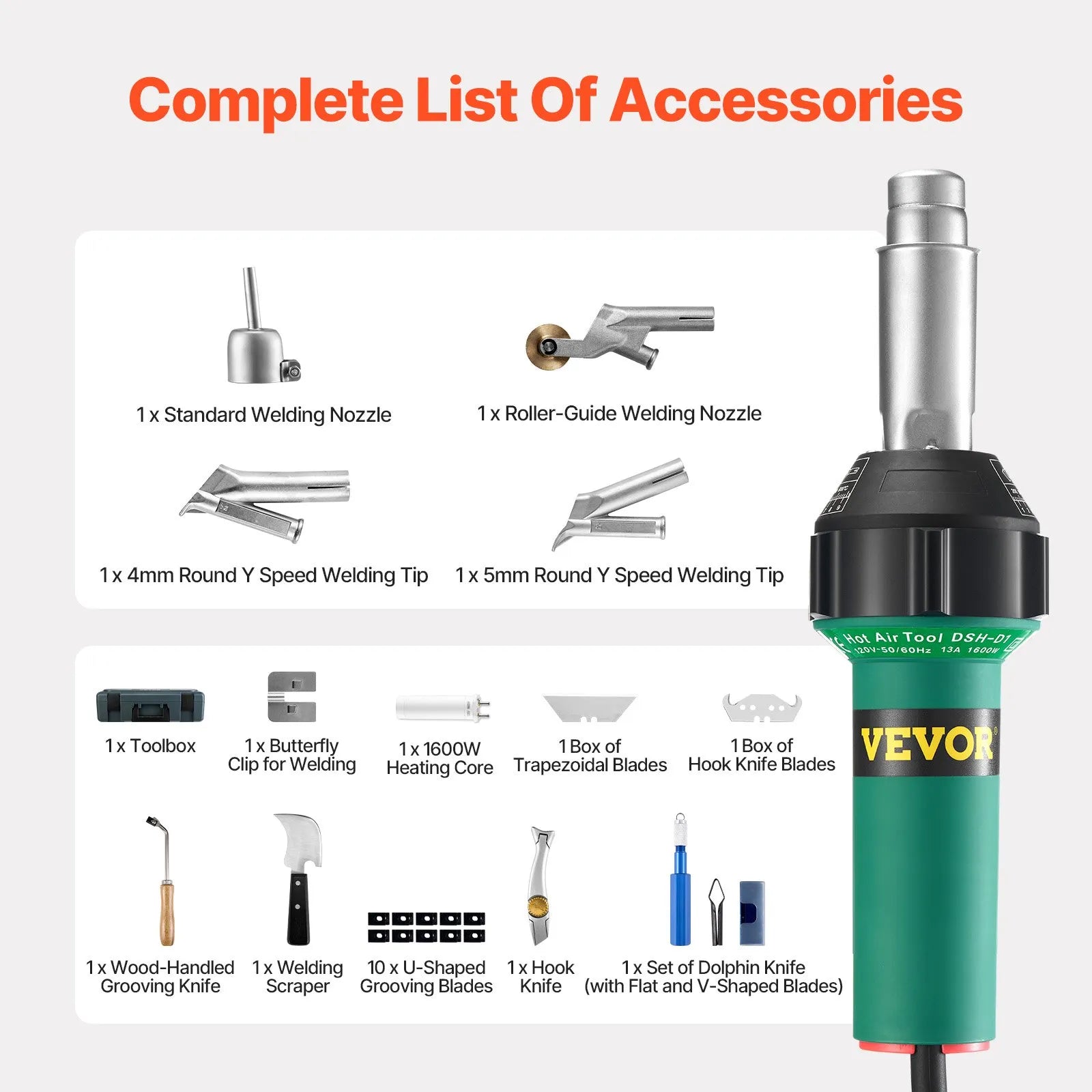 VEVOR Hot Air Plastic Welder 1600W PVC TPO Vinyl Heat Gun Torch & 14 Accessories