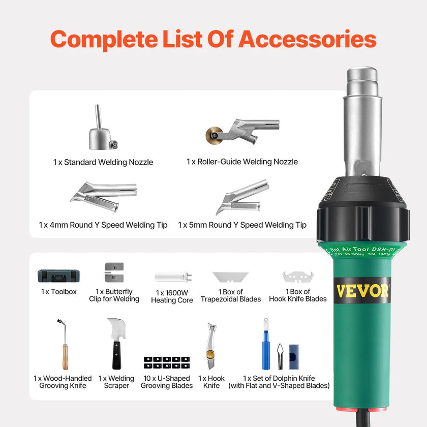VEVOR Hot Air Plastic Welder 1600W PVC TPO Vinyl Heat Gun Torch & 14 Accessories