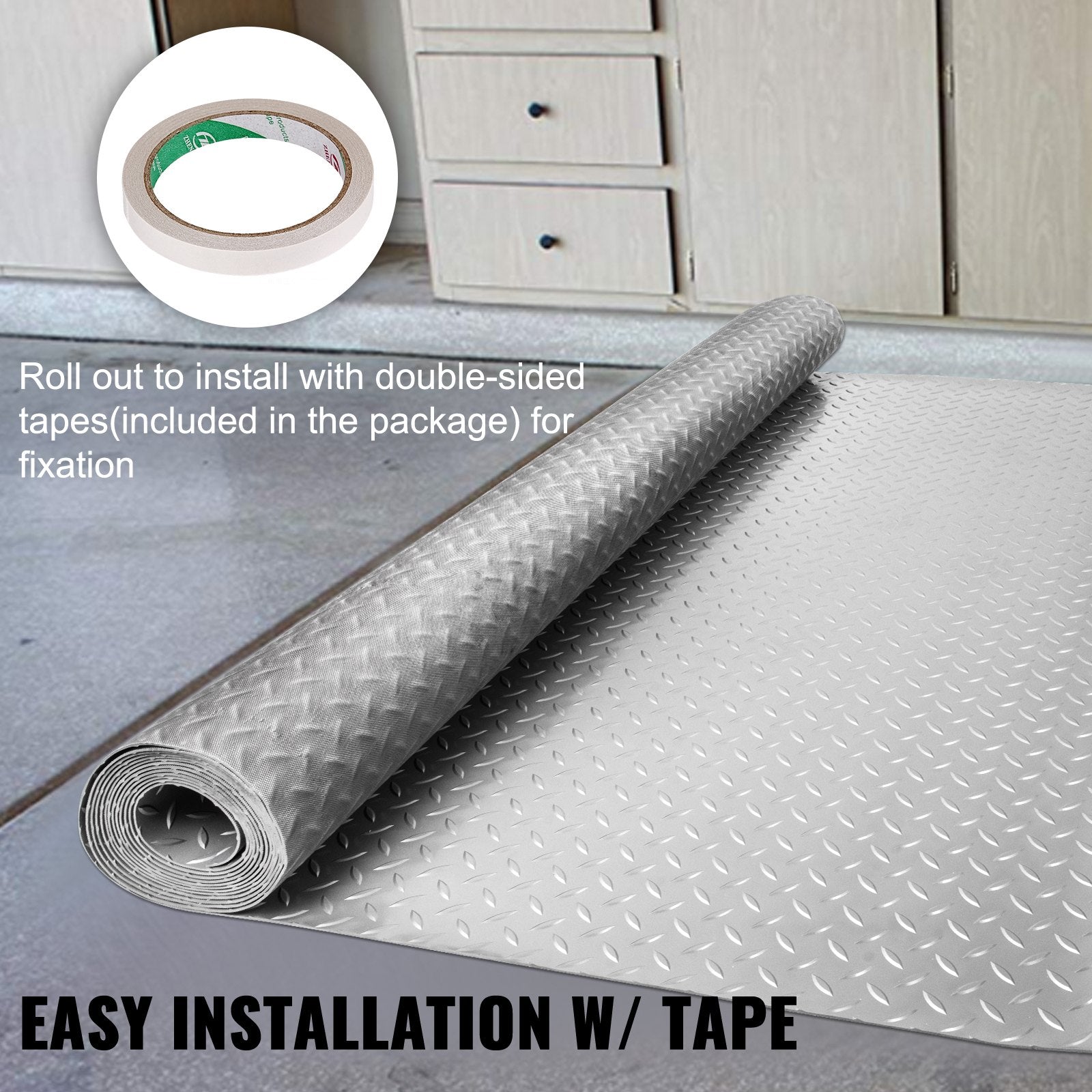 VEVOR Garage Floor Mat 4.9x13ft Vinyl Garage Flooring Roll Anti-Slide Diamond Texture Silver Garage Mats for Under Car 63.7sqft Covering Space DIY PVC Garage Floor Mat for Gyms Boats Car Trailer