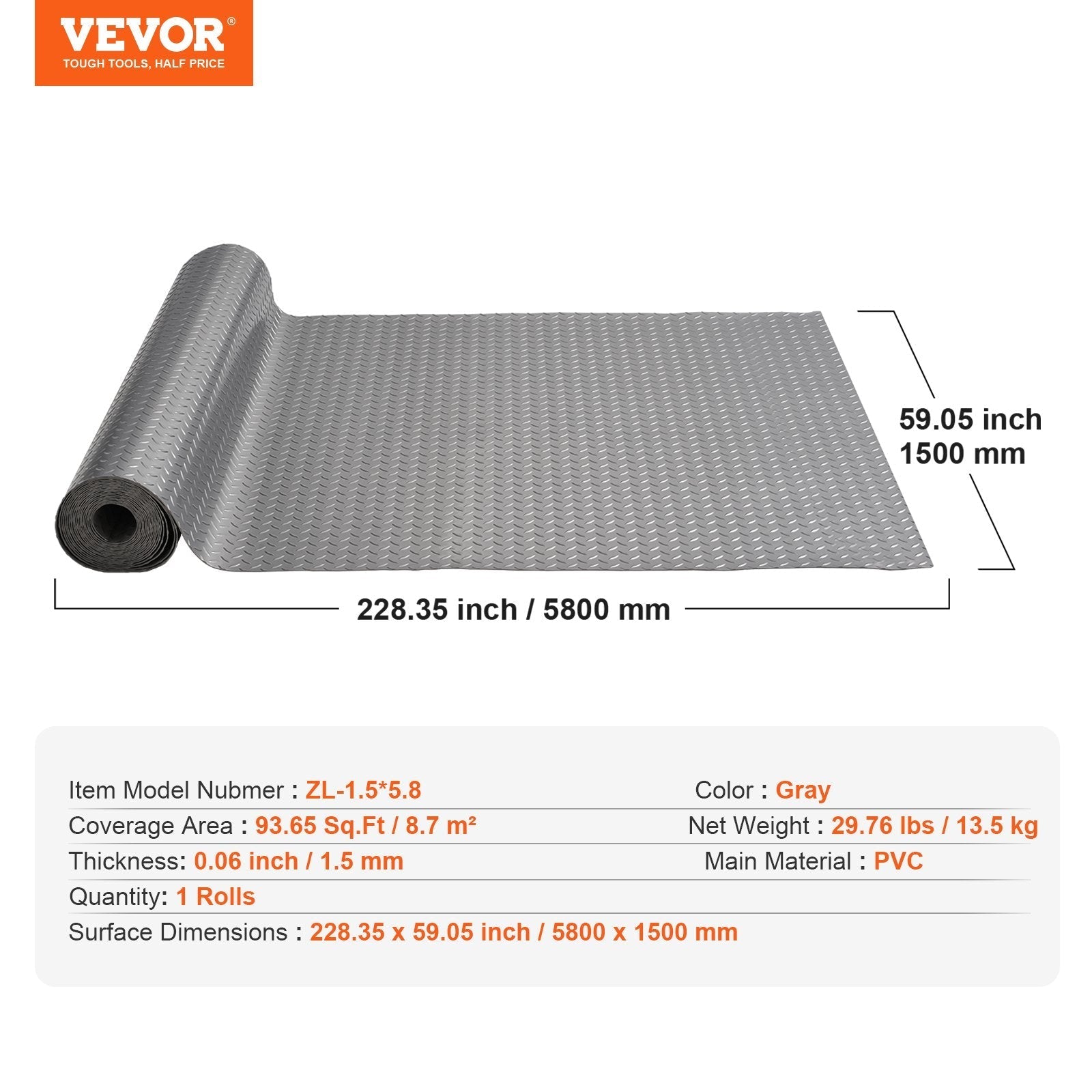 VEVOR Garage Floor Mat 4.9x19ft Vinyl Garage Flooring Roll Anti-Slide Diamond Texture Silver Garage Mats for Under Car 93 sqft Covering Space DIY PVC Garage Floor Mat for Gyms Boats Car Trailer