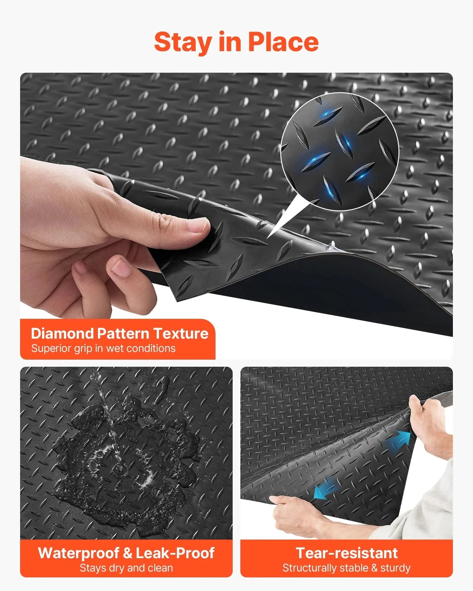 VEVOR Garage Floor Roll, 4 x 10 ft Garage Flooring Mat, 2.2 mm Thickened PVC Diamond Plate Floor Protector Mat with Double-sided Tape, Non-Slip, Easy to Clean for Warehouse, Gyms, Trailer, Black