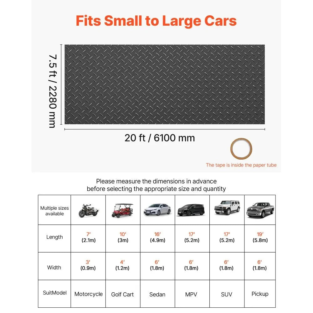 VEVOR Garage Floor Roll, 7.5 x 20 ft Garage Flooring Mat, 2.2 mm Thickened PVC Diamond Plate Floor Protector Mat with Double-sided Tape, Non-Slip, Easy to Clean for Warehouse, Gyms, Trailer, Black