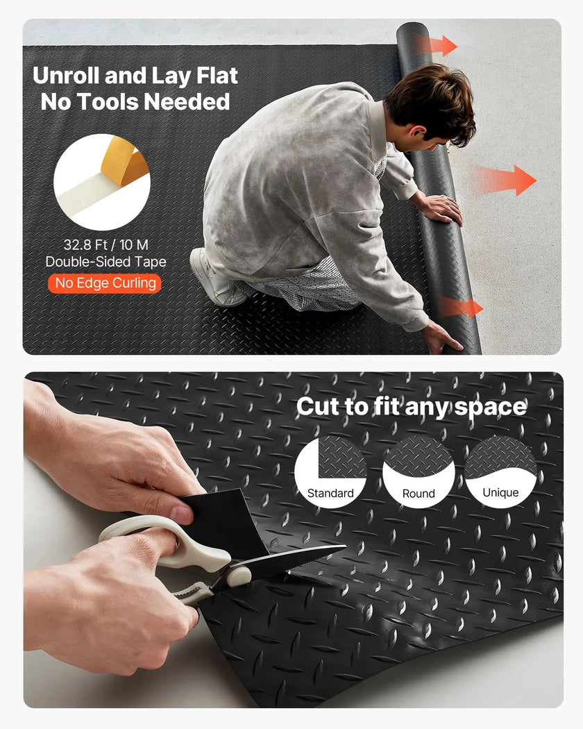 VEVOR Garage Floor Roll, 7.5 x 17 ft Garage Flooring Mat, 2.2 mm Thickened PVC Diamond Plate Floor Protector Mat with Double-sided Tape, Non-Slip, Easy to Clean for Warehouse, Gyms, Trailer, Black