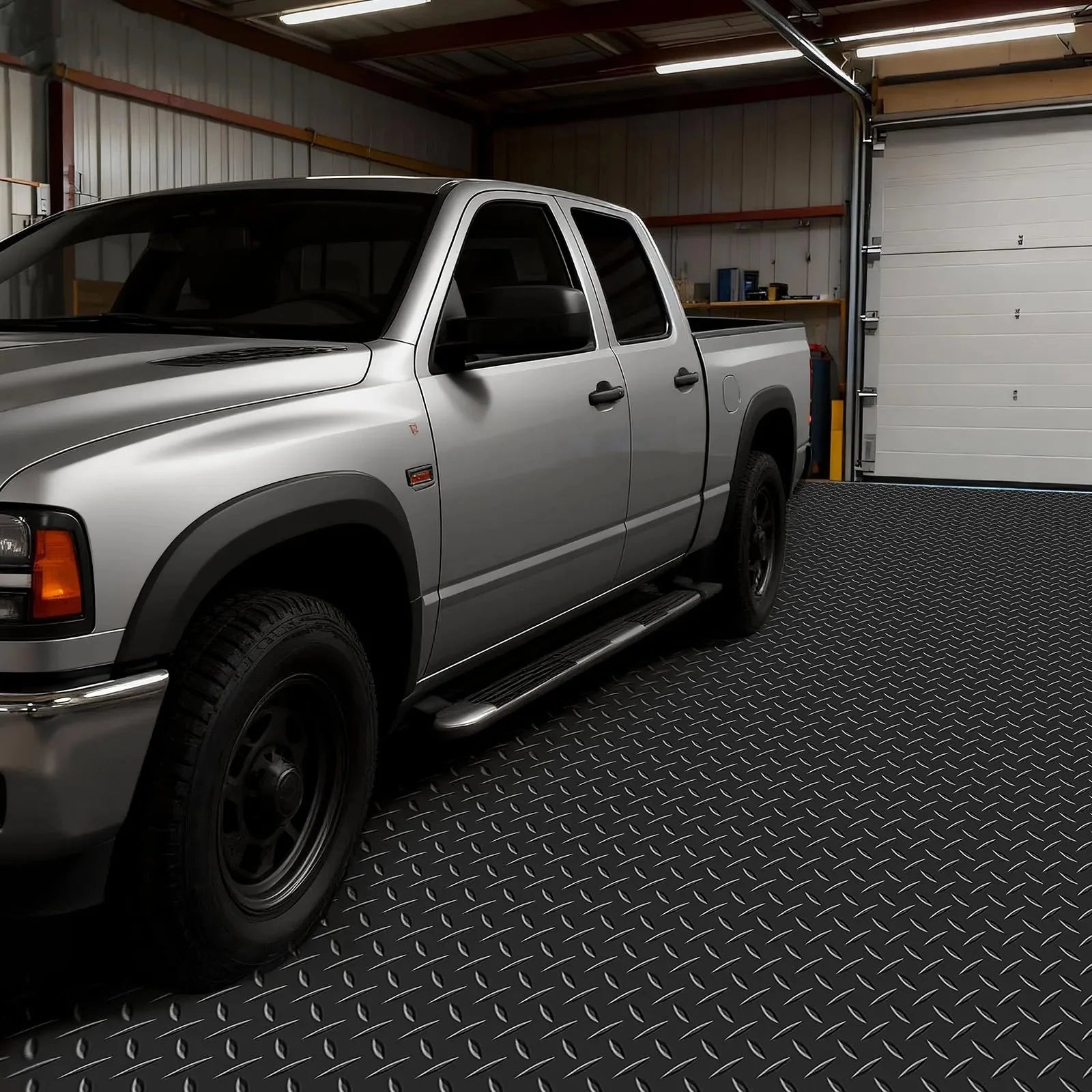 VEVOR Garage Floor Roll, 7.5 x 17 ft Garage Flooring Mat, 2.2 mm Thickened PVC Diamond Plate Floor Protector Mat with Double-sided Tape, Non-Slip, Easy to Clean for Warehouse, Gyms, Trailer, Black