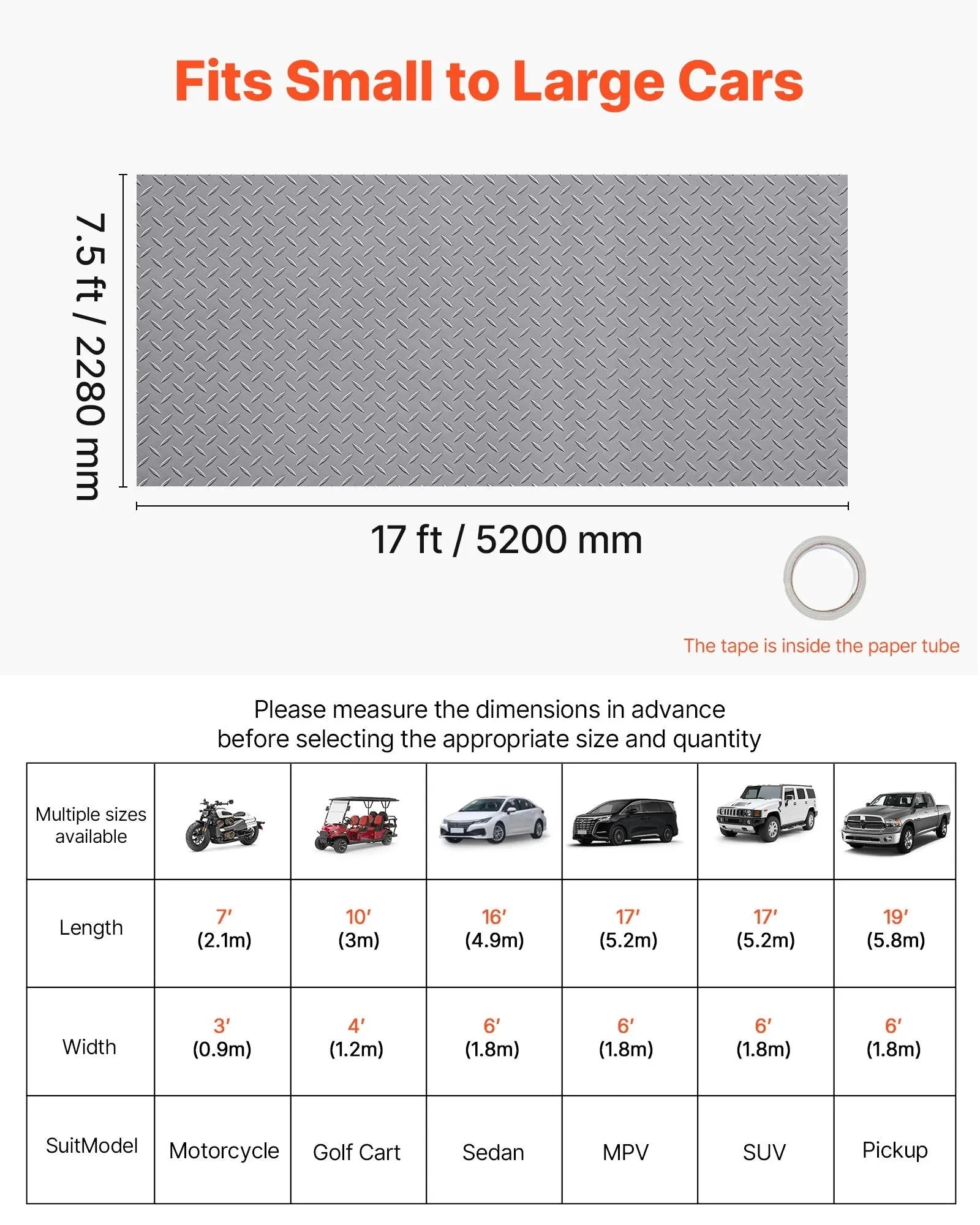 VEVOR Garage Floor Roll, 7.5 x 17 ft Garage Flooring Mat, 2.2 mm Thickened PVC Diamond Plate Floor Protector Mat with Double-sided Tape, Non-Slip, Easy to Clean for Warehouse, Gyms,Silver Gray