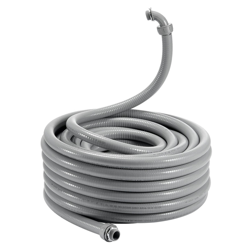 VEVOR 1/2-Inch Flexible Electrical Conduit, 100 ft, PVC Liquid-Tight Conduit Non-Metallic with 5 Straight and 5 90-Degree Conduit Connector Fittings, for Air Conditioning Motor Controller Pump, IP65