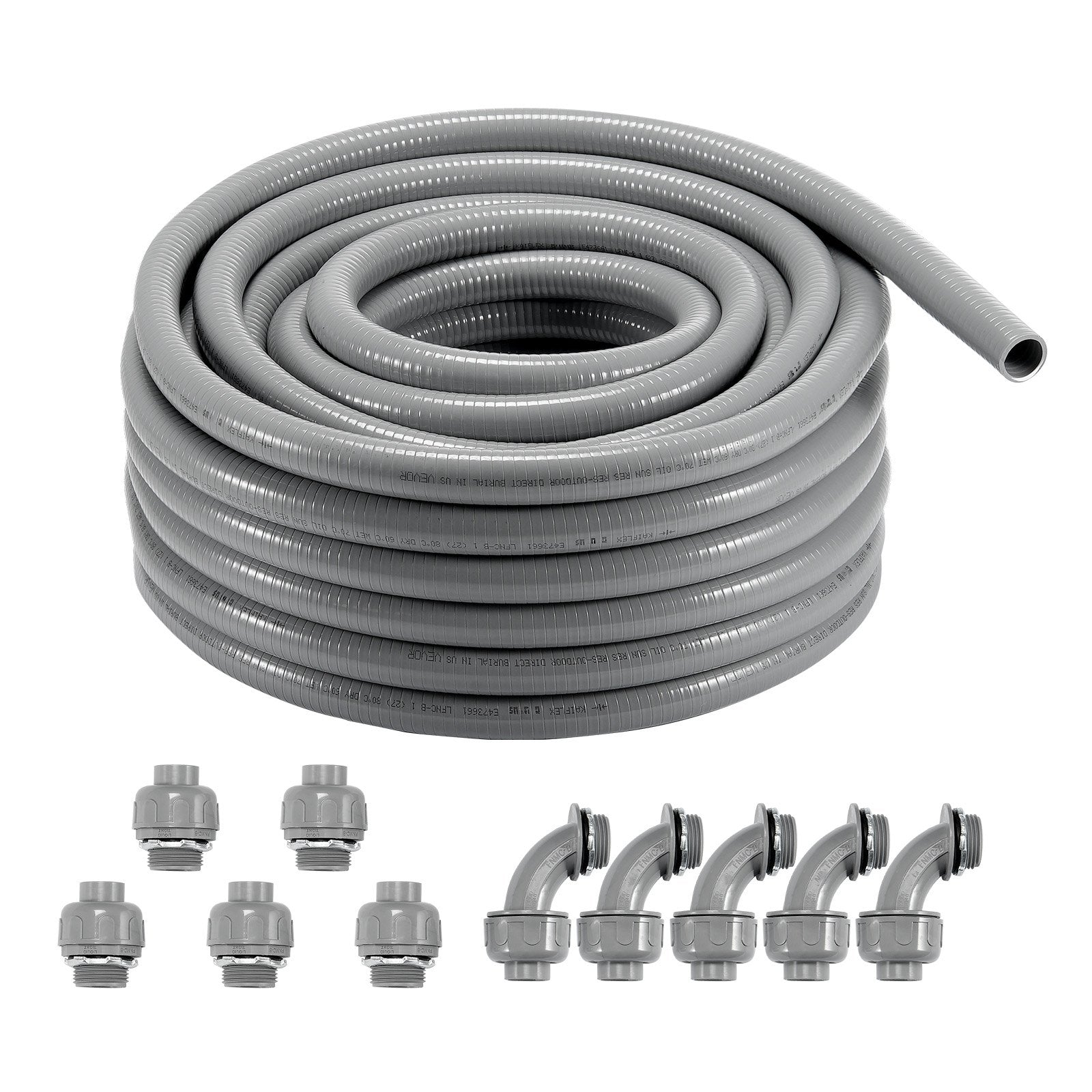 VEVOR 1/2-Inch Flexible Electrical Conduit, 100 ft, PVC Liquid-Tight Conduit Non-Metallic with 5 Straight and 5 90-Degree Conduit Connector Fittings, for Air Conditioning Motor Controller Pump, IP65