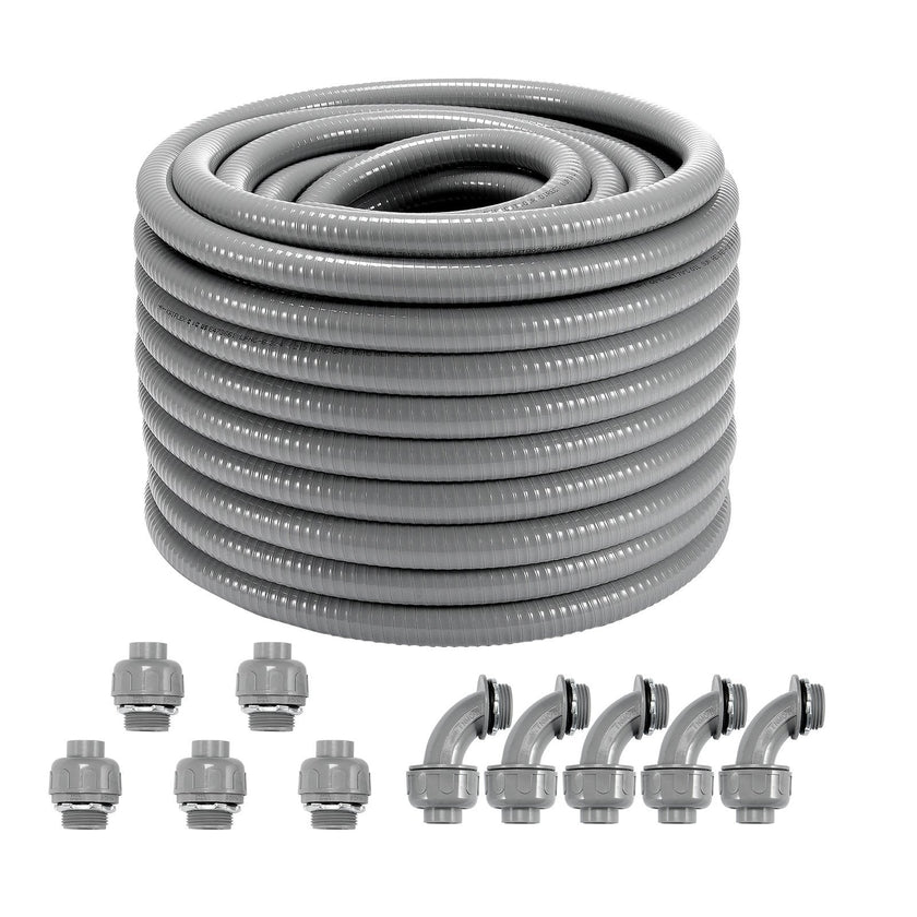 VEVOR 3/4-Inch Flexible Electrical Conduit, 100 ft, PVC Liquid-Tight Conduit Non-Metallic with 5 Straight and 5 90-Degree Conduit Connector Fittings, for Air Conditioning Motor Controller Pump, IP65