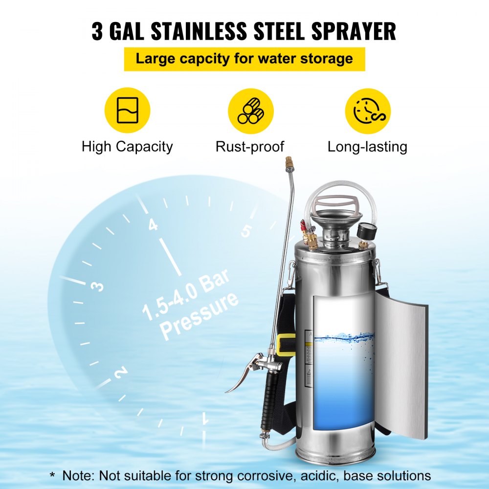 VEVOR 3Gal Stainless Steel Sprayer, Set with 20’’ Wand& Handle& 3FT Reinforced Hose, Hand Pump Sprayer with Pressure Gauge&Safety Valve, Adjustable Nozzle Suitable for Gardening and Sanitizing