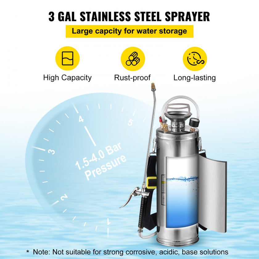 VEVOR 3Gal Stainless Steel Sprayer, Set with 20’’ Wand& Handle& 3FT Reinforced Hose, Hand Pump Sprayer with Pressure Gauge&Safety Valve, Adjustable Nozzle Suitable for Gardening and Sanitizing