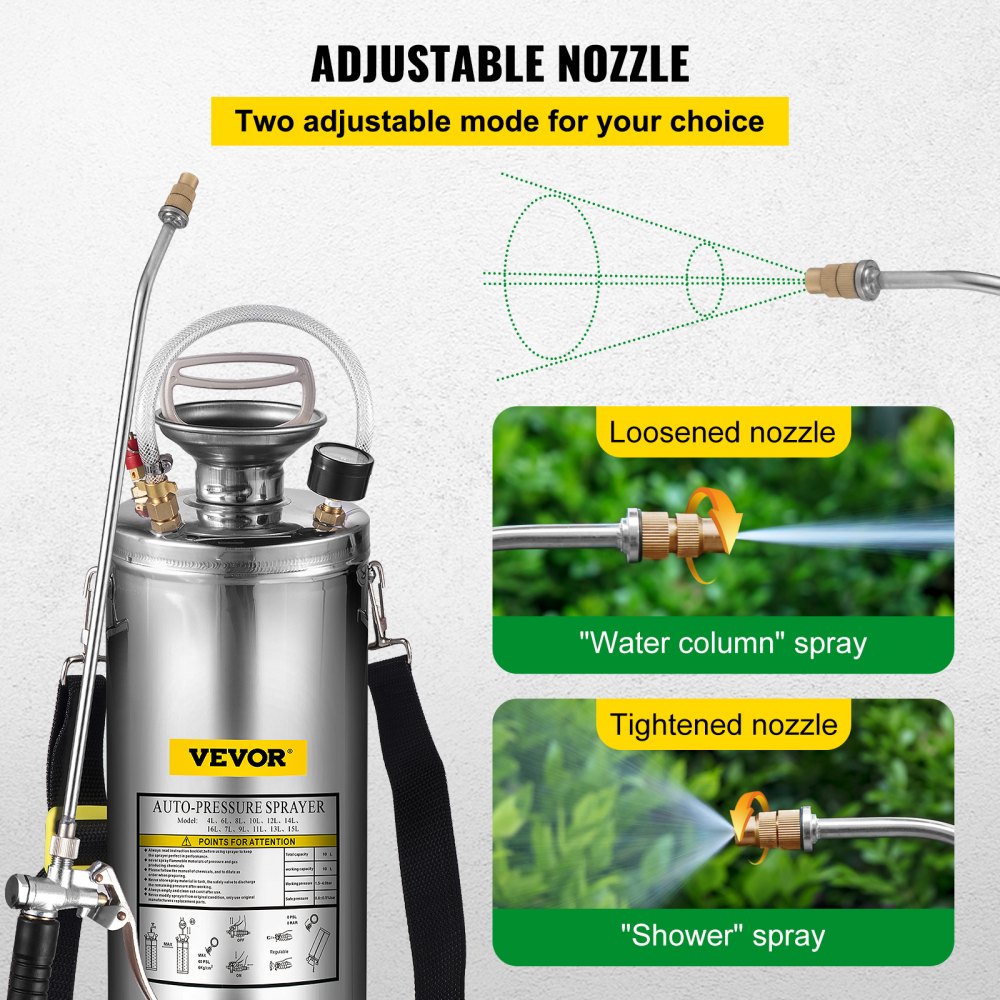 VEVOR 3Gal Stainless Steel Sprayer, Set with 20’’ Wand& Handle& 3FT Reinforced Hose, Hand Pump Sprayer with Pressure Gauge&Safety Valve, Adjustable Nozzle Suitable for Gardening and Sanitizing