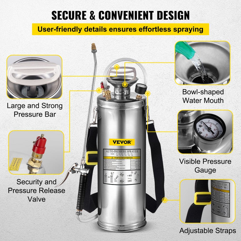 VEVOR 3Gal Stainless Steel Sprayer, Set with 20’’ Wand& Handle& 3FT Reinforced Hose, Hand Pump Sprayer with Pressure Gauge&Safety Valve, Adjustable Nozzle Suitable for Gardening and Sanitizing