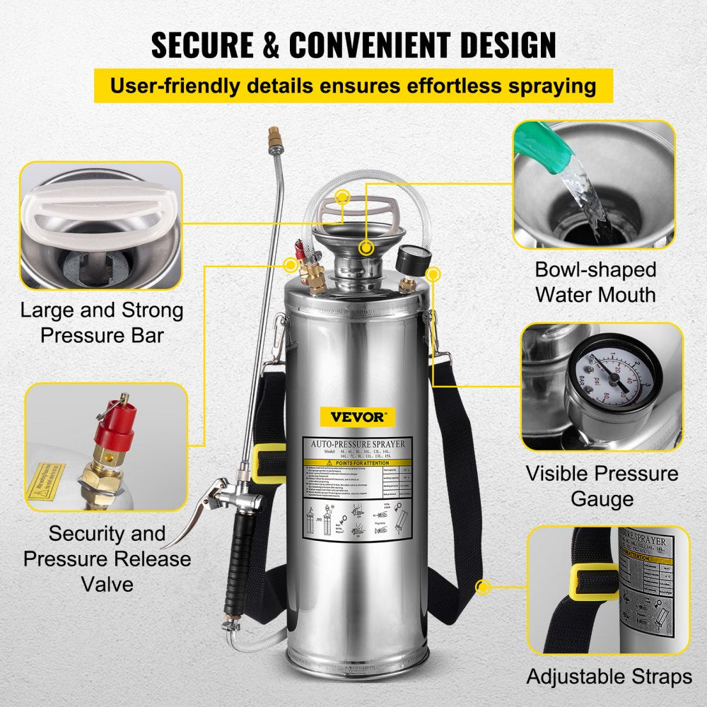 VEVOR 3Gal Stainless Steel Sprayer, Set with 20’’ Wand& Handle& 3FT Reinforced Hose, Hand Pump Sprayer with Pressure Gauge&Safety Valve, Adjustable Nozzle Suitable for Gardening and Sanitizing