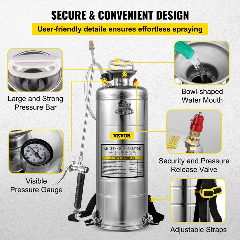 Stainless Steel Sprayer 3.5 Gallon Steel Hand-pump With 3.3-inch Reinforced Hose