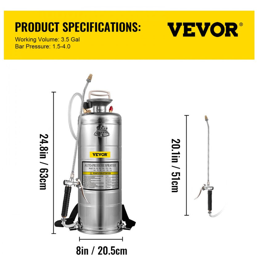 Stainless Steel Sprayer 3.5 Gallon Steel Hand-pump With 3.3-inch Reinforced Hose