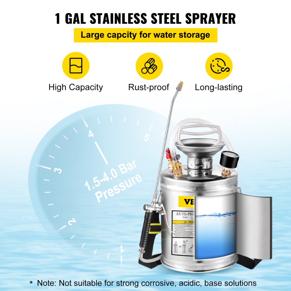 VEVOR Stainless Steel Sprayer 1GL , Set with 12” Wand& Handle& 3FT Reinforced Hose, Hand Pump Sprayer with Pressure Gauge&Safety Valve, Adjustable Nozzle Suitable for Gardening and Sanitizing, Silver