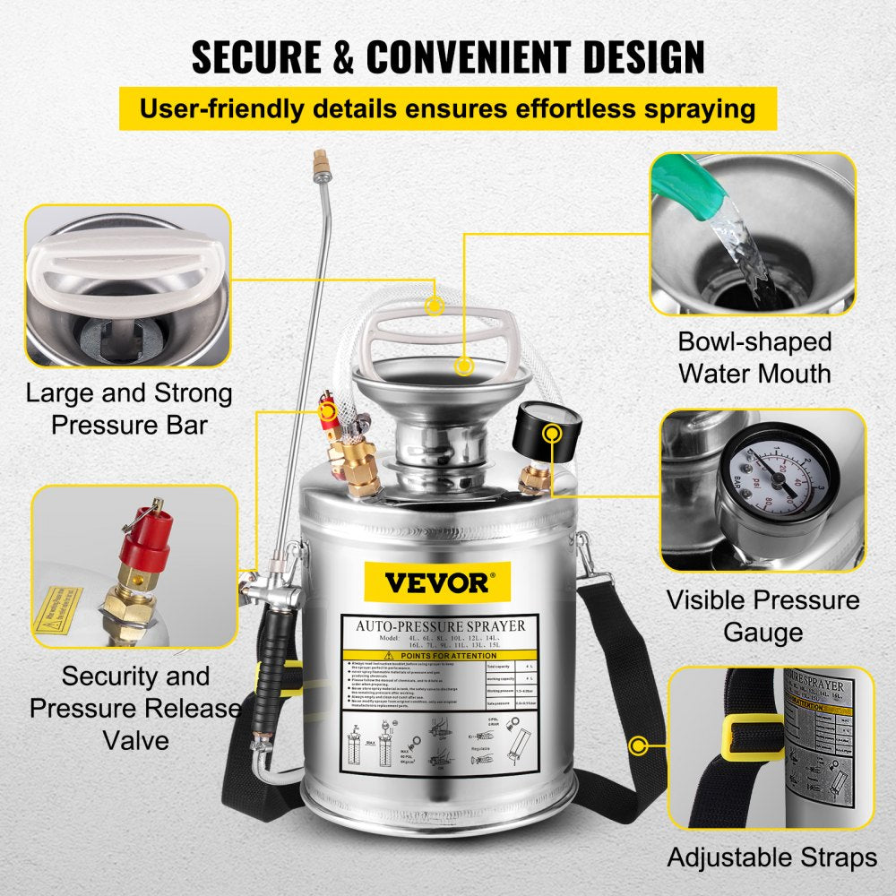 VEVOR Stainless Steel Sprayer 1GL , Set with 12” Wand& Handle& 3FT Reinforced Hose, Hand Pump Sprayer with Pressure Gauge&Safety Valve, Adjustable Nozzle Suitable for Gardening and Sanitizing, Silver