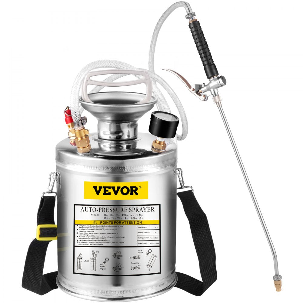 VEVOR Stainless Steel Sprayer 1GL , Set with 12” Wand& Handle& 3FT Reinforced Hose, Hand Pump Sprayer with Pressure Gauge&Safety Valve, Adjustable Nozzle Suitable for Gardening and Sanitizing, Silver