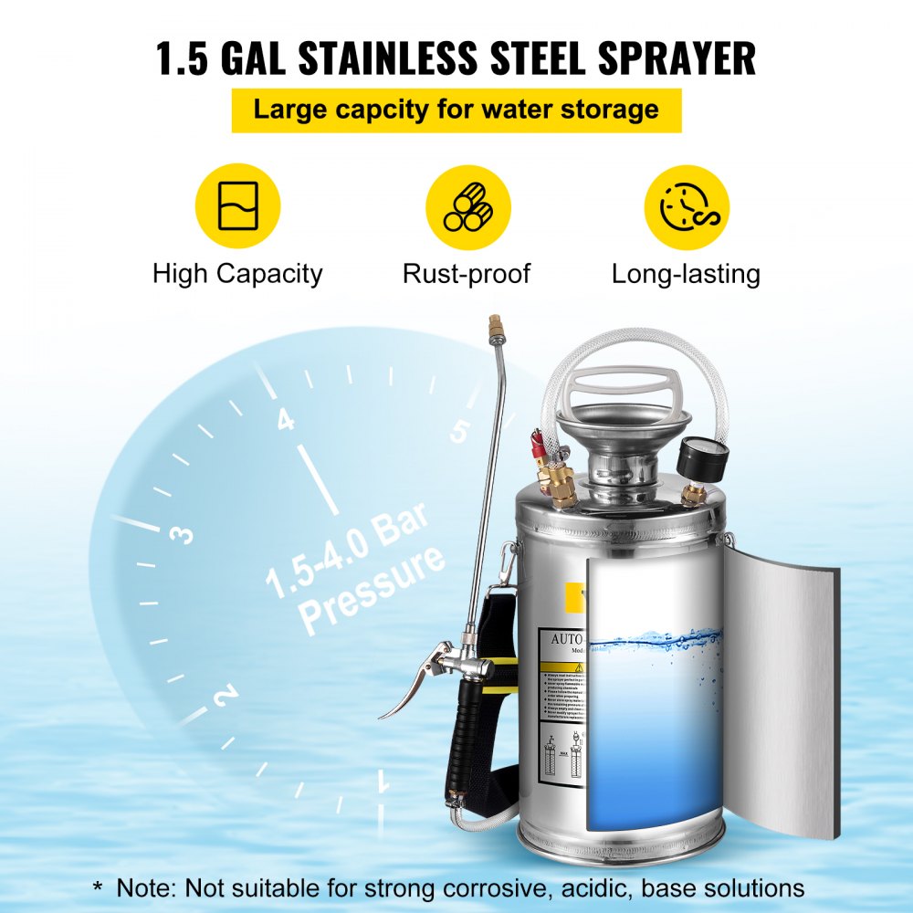 1.5gal/6l Stainless Steel Sprayer Curved Lance 3.3-inch Reinforced Hose Fan Tip