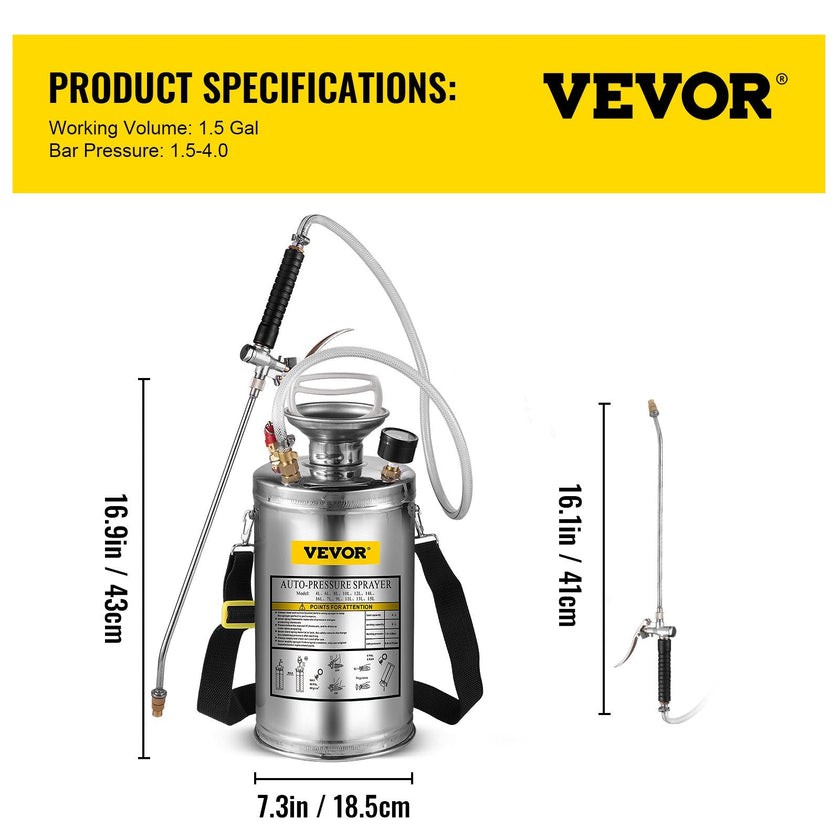 1.5gal/6l Stainless Steel Sprayer Curved Lance 3.3-inch Reinforced Hose Fan Tip