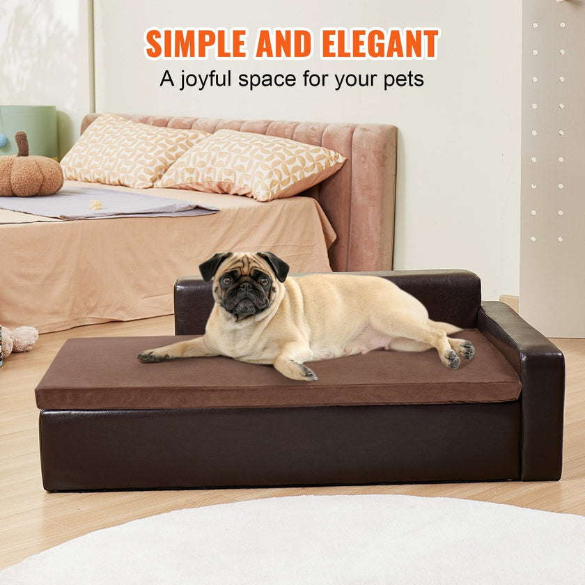 VEVOR Pet Sofa, Dog Couch for Large-Sized Dogs and Cats, Soft Leather Dog Sofa Bed, 110 lbs Loading Cat Sofa, Brown