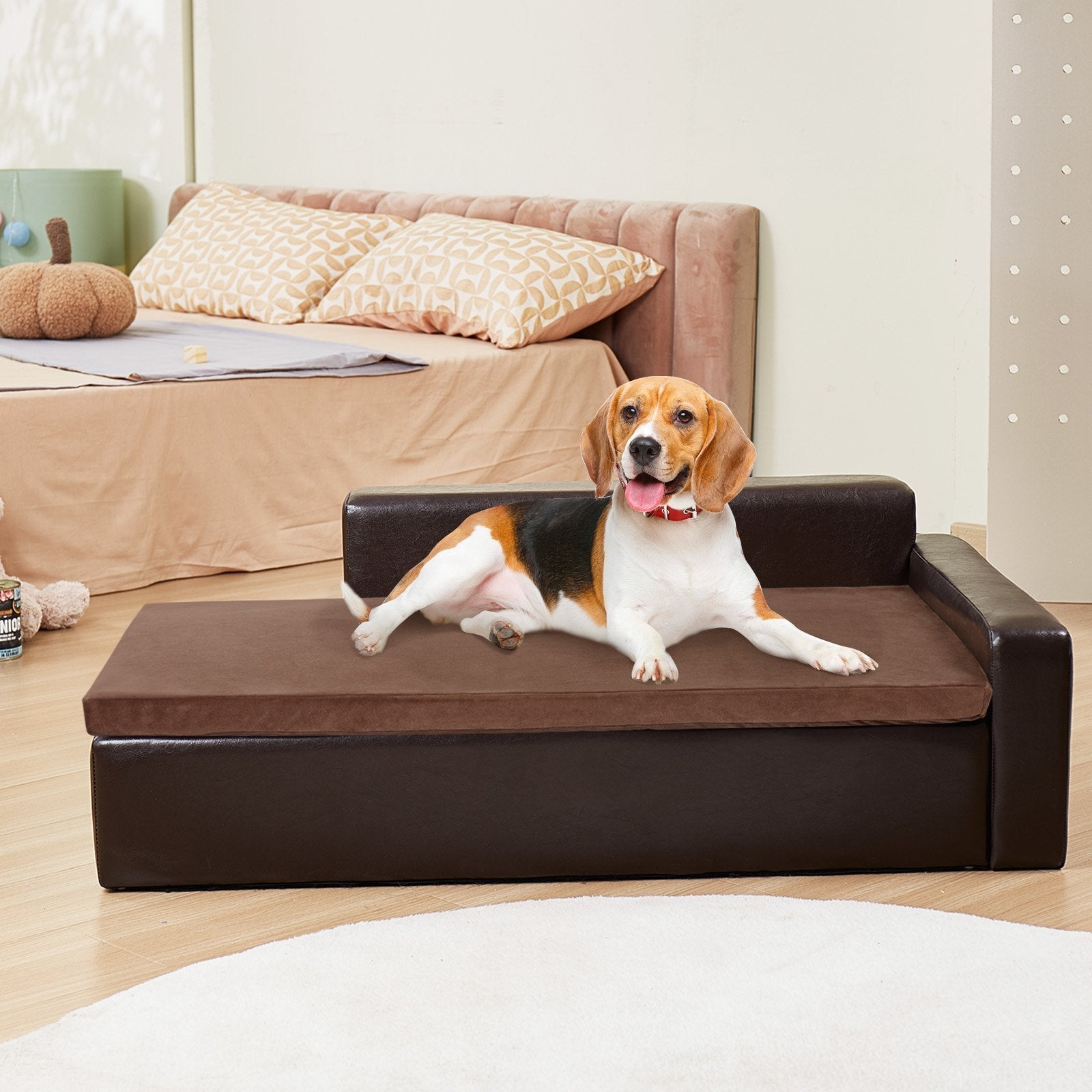 VEVOR Pet Sofa, Dog Couch for Large-Sized Dogs and Cats, Soft Leather Dog Sofa Bed, 110 lbs Loading Cat Sofa, Brown