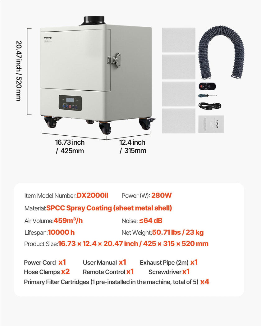 VEVOR Solder Fume Extractor 459 m³/h 280W Brushless Motor with 10 Levels Speed